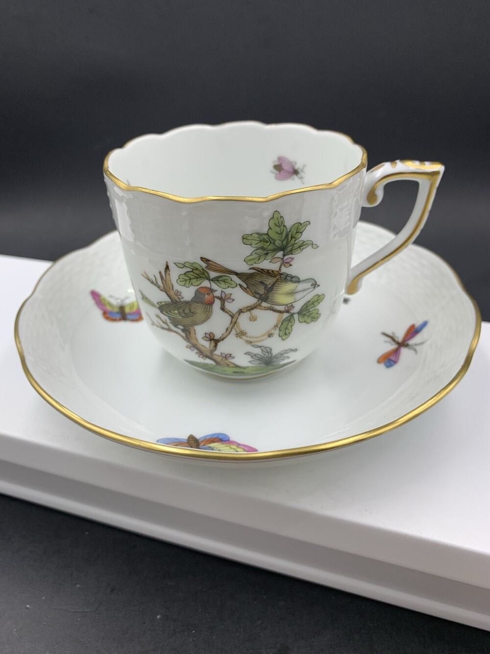 Herend Rothschild Hungary Demitasse Cup & Saucer Birds Butterfly Insects EUC!